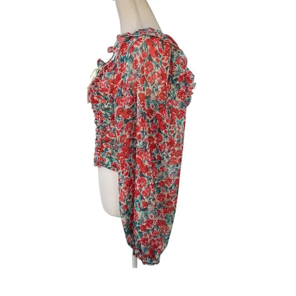 Free People Mabel Printed Floral Smocked Balloon Sleeve Blouse Red Size Medium